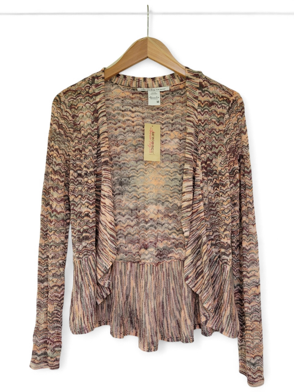 American Rag Variegated Earth Tones Open Front Flyaway Knit Cardigan Sweater